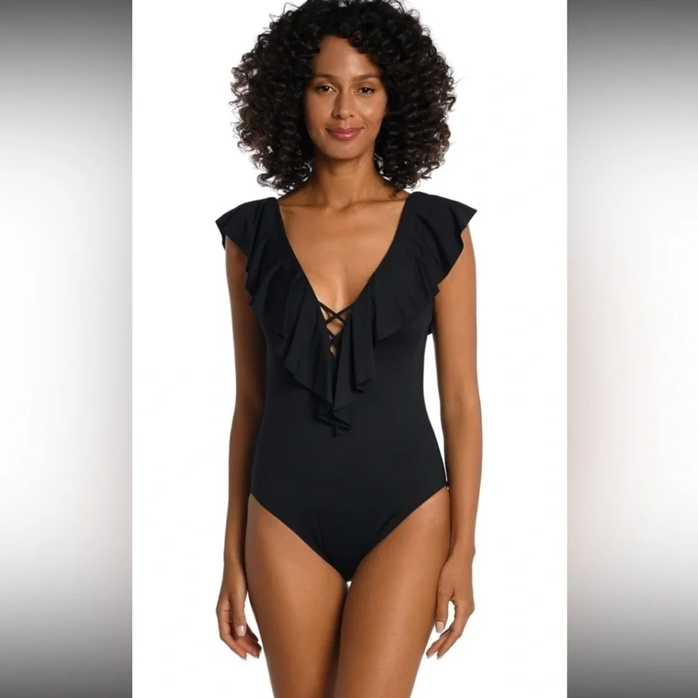 La Blanca Women's Island Goddess Over Shoulder Ruffle Plunge One Piece NWT  10 - Picture 3 of 9
